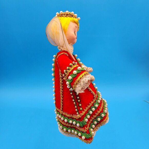 Vintage 1960s Angel Tree Topper Red Felt Dress Gold Trim Pearls Yellow Hair 9" - Picture 7 of 11